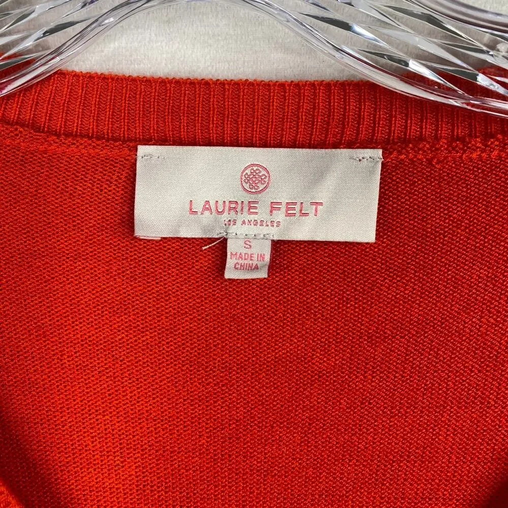 Laurie Felt Womens Sweater Sz S Rayon Cashmere Blend Orange Daisy Print V Neck